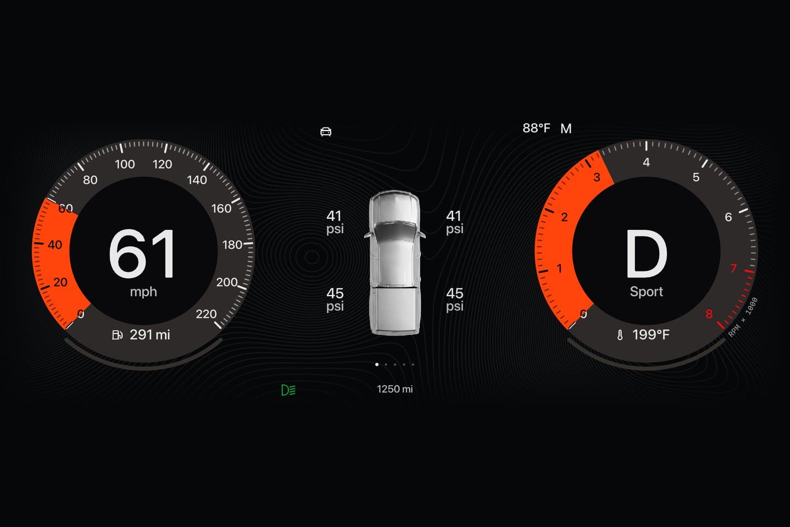 The cluster's Sport gauge design, rendered in my simulator