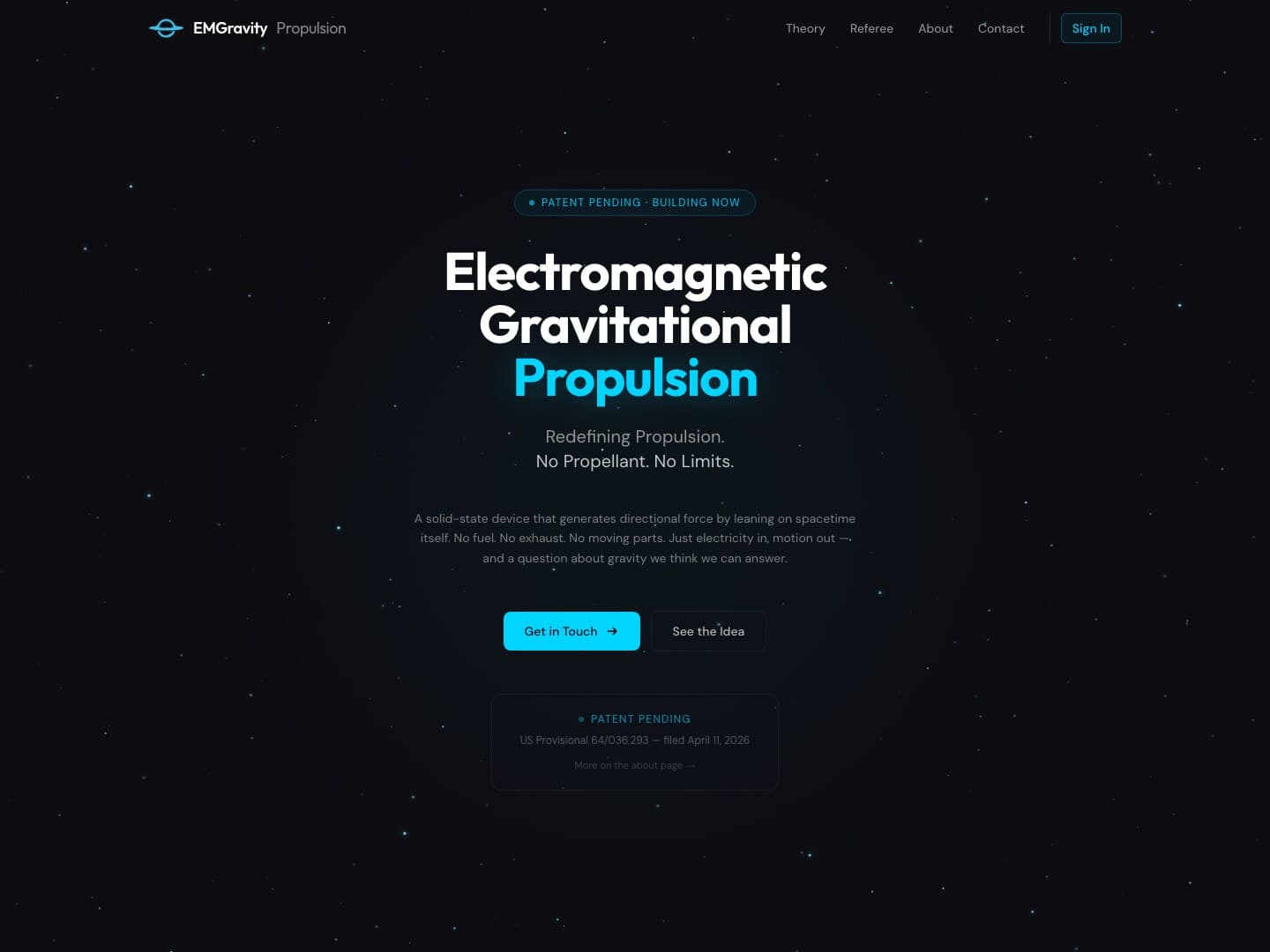 The emgravity.space home page: Electromagnetic Gravitational Propulsion
