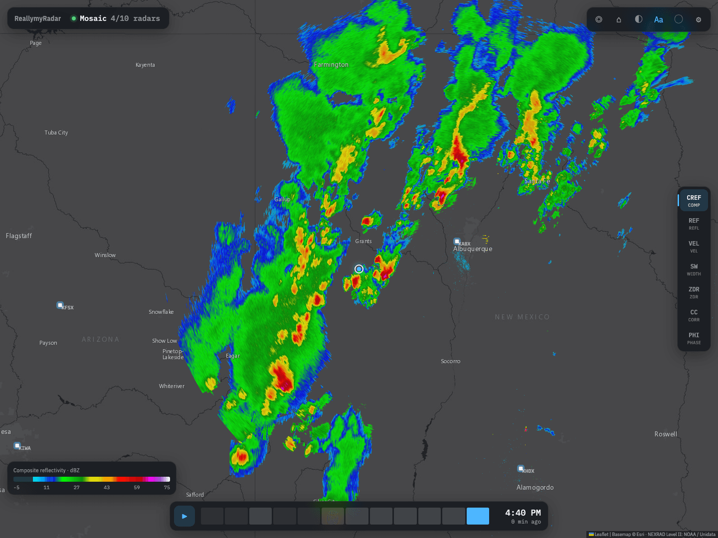 ReallymyRadar's browser viewer showing a live radar mosaic of storms over New Mexico and Arizona